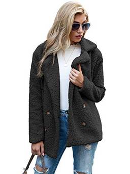 Casaco de lã feminino com lapela de pele falsa, casaco de inverno, confortável, quente, casaco (PRETO,2XG)