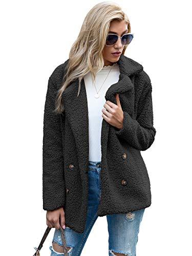 Casaco de lã feminino com lapela de pele falsa, casaco de inverno, confortável, quente, casaco (PRETO,P)
