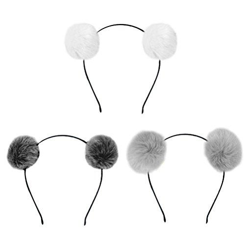 3 peças de tiara felpuda, pompom, bola, orelha de gato, acessório para crianças e meninas (preto + branco + cinza escuro)