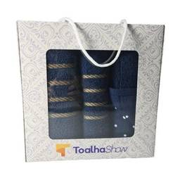 Jogo de Toalha 3 Peças Banho + Rosto + Tapete P/Banheiro Antiderrapante 100% Algodão + Caixa Personalizada Presente - Azul Escuro