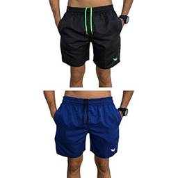 Kit 2 Shorts Bermudas Lisas Siri Relaxado Cordão Neon (Preto/Verde e Azul, G)