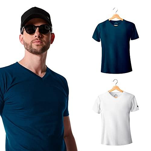 Kit com 2 Camisetas Premium Gola V Slim Fit Branca e Azul - Polo Match (G)