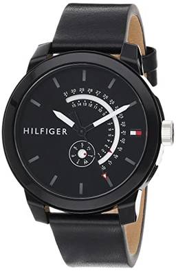 Tommy Hilfiger Relógio de quartzo masculino com pulseira de couro de bezerro preto, 18,8 (modelo: 1791479), Preto, Relógio de quartzo