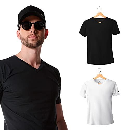 Kit com 2 Camisetas Premium Gola V Slim Fit Preta e Branca - Polo Match (P)