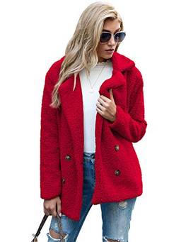 Casaco de lã feminino com lapela de pele falsa, casaco de inverno, confortável, quente, casaco (VERMELHO,XG)