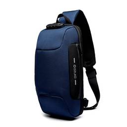 Bolsa tiracolo antifurto, mochila a tiracolo, impermeável, com porta de carregamento USB, Azul, Large, Clássico
