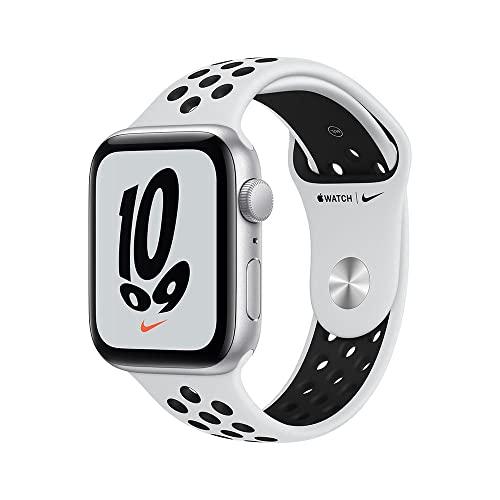 Apple Watch Nike SE (GPS), Caixa em alumínio prateado de 44 mm com Pulseira esportiva Nike platina?pura/preta