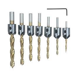ERYUE Broca,Conjunto de ferramentas de perfuração de chanfro para carpintaria de 8 unidades, incluindo brocas de escareamento de três pontos de 7 unidades + chave em L Conjunto de bits de carpintaria