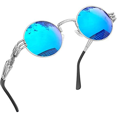 Joopin Óculos de Sol Redondo Masculinos Femininos Polarizado, John Lennon Pequeno Círculo Hippie Vintage Retrô Steampunk Metal Óculos de Sol (Moda Azul)