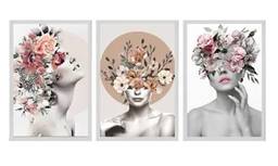 Kit 3 Quadros Decorativo Quarto de Casal 40x60cm Feminino Surreal Flores Moldura Branca - Hugart