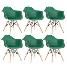 Kit 6 cadeiras Charles Eames Eiffel DAW com braços e pés de madeira clara Verde escuro