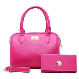 Conjunto de Bolsa Baú Pequena Feminina Com Alça Transversal e de Mão + Carteira Willibags (Pink)