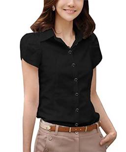 Blusa feminina de manga curta elegante camisa de trabalho roupas de moda coreana, Preto, US Medium / Tag Asia 3XL