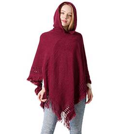 Elonglin Poncho Feminino Capa de Lã Quente Tricotada Folagada Xale com Capuz Casual Elegante para Mulheres 1
