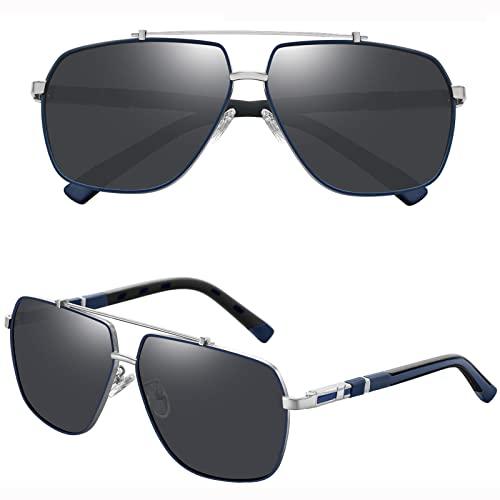 Óculos de Sol Masculino Polarizados Joopin Grande Armação Retangular Metal Leve Dirigindo Óculos de Sol para Homens, Proteção UV400 (Lente Pretas, Quadro Azul Prateado)