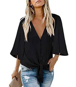 Cotrio Blusa feminina com decote em V camiseta casual solta de verão cor sólida torcida com nós para mulheres tamanho XL preto