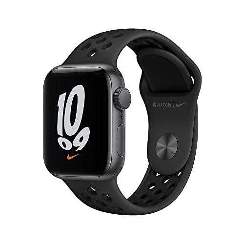 Apple Watch Nike SE (GPS), Caixa em alumínio cinzento sideral de 40 mm com Pulseira esportiva Nike antracite/preta