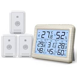AMIR Termômetro interno e externo, 3 canais, monitor de umidade sem fio com 3 sensores, higrômetro digital com visor LCD, termômetro ambiente e medidor de umidade para casa, escritório, quarto do bebê, Wooden White, Wooden White