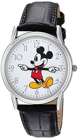 Disney Relógio com pulseira de couro de quartzo analógico ponteiros articulados clássico Cardiff Mickey Mouse, Preto