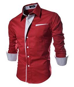 Elonglin Camisa Social Masculina Formal com Botões Manga Comprida Camisa Casual Elegante Cores Contrastantes Vermelho M