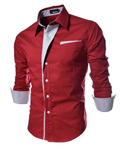 Elonglin Camisa Social Masculina Formal com Botões Manga Comprida Camisa Casual Elegante Cores Contrastantes Vermelho GG
