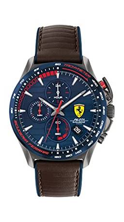 Ferrari Relógio masculino Scuderia Pilota Evo com cronógrafo de quartzo, aço inoxidável e pulseira de couro, cor: marrom (modelo: 0830848), Marrom, Relógio de quartzo