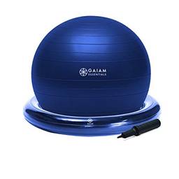 Gaiam Kit de base e bola de equilíbrio Essentials, cadeira de bola de ioga de 65 cm, bola de exercício com base de anel inflável para casa ou mesa de escritório, inclui bomba de ar – azul-marinho
