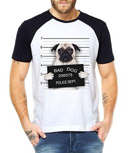 Camiseta Raglan Criativa Urbana Pug Dog Cachorro Preso Branco GG