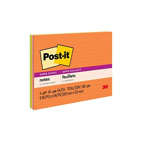 Post-it Notas super adesivas, 20 x 15 cm, 4 blocos, 2 vezes o poder de colagem, coleção Energy Boost, cores brilhantes, recicláveis (6845-SSPL)
