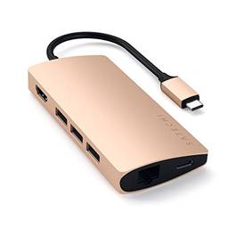 Satechi Adaptador Multiportas de Alumínio V2 - 4K HDMI (60Hz), Ethernet Gigabit, Carga USB-C, leitores de cartão SD/Micro, USB 3.0 - Compatível com MacBook Pro/Air M1 2020 (Dourado)