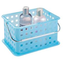 iDesign Cesta organizadora de armazenamento de plástico com alça para banheiro, saúde, cosméticos, suprimentos de cabelo e produtos de beleza, 13,5 x 22,4 x 17,5 cm, azul
