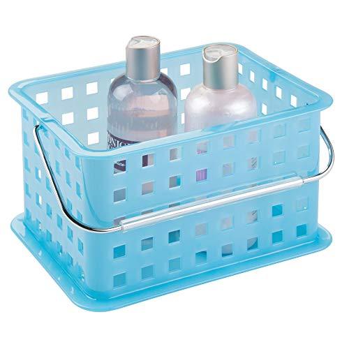iDesign Cesta organizadora de armazenamento de plástico com alça para banheiro, saúde, cosméticos, suprimentos de cabelo e produtos de beleza, 13,5 x 22,4 x 17,5 cm, azul
