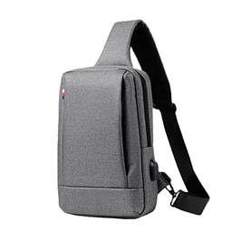 Bolsa de tórax masculina com alça de nylon bolsa transversal feminina casual pequena mochila com porta de carga USB Daypack, Cinza escuro, M