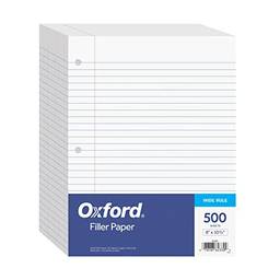 Oxford Papel de enchimento, papel pautado de 21 x 28 cm de largura, perfurador de 3 furos, papel de caderno de folhas soltas para fichários de 3 anéis, 500 folhas (62330), branco