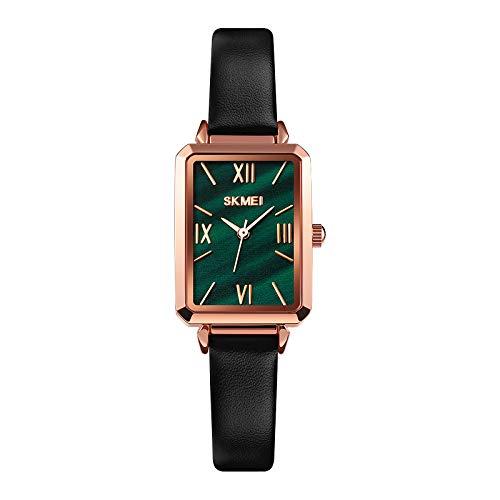 Relógio feminino SKMEI, relógio de pulso retangular elegante de couro para senhoras meninas, relógios analógicos de quartzo à prova d'água para mulheres, Clássico, Verde, 1.38*0.8*0.28 inch