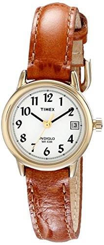 Timex Relógio feminino com pulseira de couro analógico de quartzo Indiglo Easy Reader com característica de data, Marrom/dourado, 25 mm, Movimento de quartzo