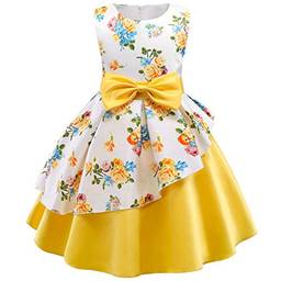 Houfung Vestido infantil de 3 a 9 anos com listras de flores para meninas, roupas infantis, vestido de princesa para festa de casamento, Amarelo, 2T