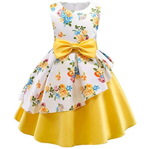 Houfung Vestido infantil de 3 a 9 anos com listras de flores para meninas, roupas infantis, vestido de princesa para festa de casamento, Amarelo, 6