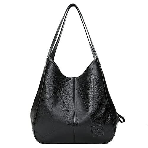 Bolsa de ombro bolsa feminina de couro macio bolsa de grande capacidade cor sólida bolsa simples (Preto)