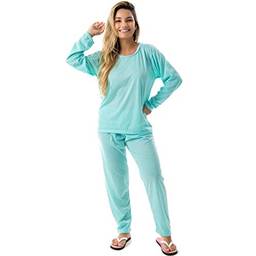 Pijama Confortavel Longo em Malha Suave Lisa | Feminino 177 Cor:Azul;Tamanho:G