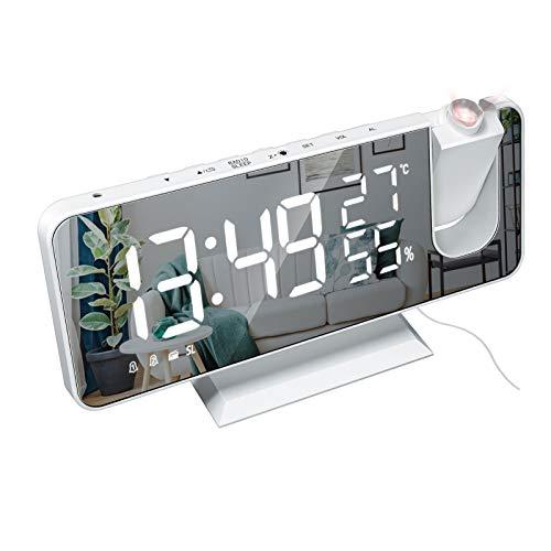 XFTOPSE Rádio relógio, despertador digital com projeção de LED para quarto, relógio espelhado digital com carregador USB, despertador com função dupla de temperatura e umidade para pessoas com sono pesado, com 4 reguladores de intensidade de luz, com 180° de projeção