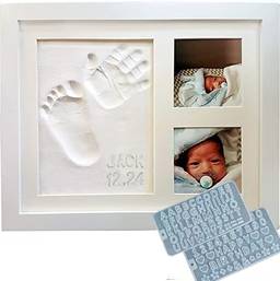 Impressão da mão do bebê & Footprint Keepsake Photo Frame Kit - Personalize-o com Bonus Stencil! Argila não tóxica, moldura de madeira para parede/mesa. Registro Perfeito, Chá de Bebê, Nova Mãe, A