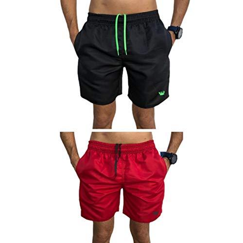 Kit 2 Shorts Bermudas Lisas Siri Relaxado Cordão Neon (Preto/Verde e Vermelho, M)