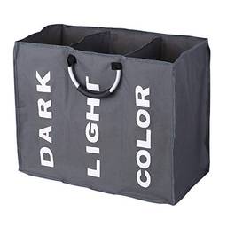 Decdeal 3-seção grande dobrável oxford saco de cesto de roupa suja organizador de armazenamento de roupa suja com alças de alumínio - cinza escuro