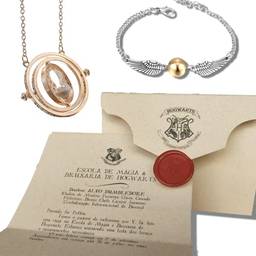 Kit Harry Potter: Carta Personalizada Hogwarts, Colar Vira-Tempo & Pulseira Pomo de Ouro