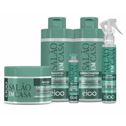 Eico Kit Shampoo 450ml e Condicionador 400ml Salão em Casa Cachos Definidos + Spray 120ml + Máscara 270g + Ampola 45ml