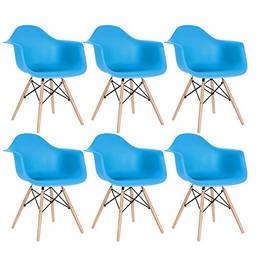 Kit - 6 x cadeiras Charles Eames Eiffel Daw com braços - Base de madeira clara - Azul céu