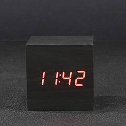 Despertador digital de madeira TOPMountain com despertador de madeira, relógio de mesa digital com LED, despertador de mesa de cubo moderno, branco com palavras vermelhas de madeira