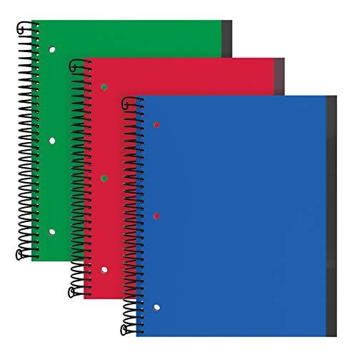 Oxford Caderno espiral, pacote com 3, 1 assunto, pauta universitária, capas de plástico duráveis, bobina forte, 1 bolso, 21 x 28, 100 folhas, azul, vermelho, verde (89801)