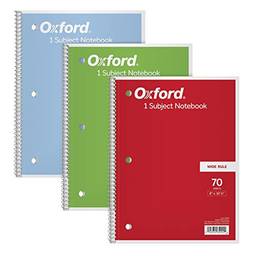 Cadernos de 1 matéria Tops/Oxford, 20 x 26 cm, régua ampla, 70 folhas, pacote com 3, cores sortidas podem variar (65029)